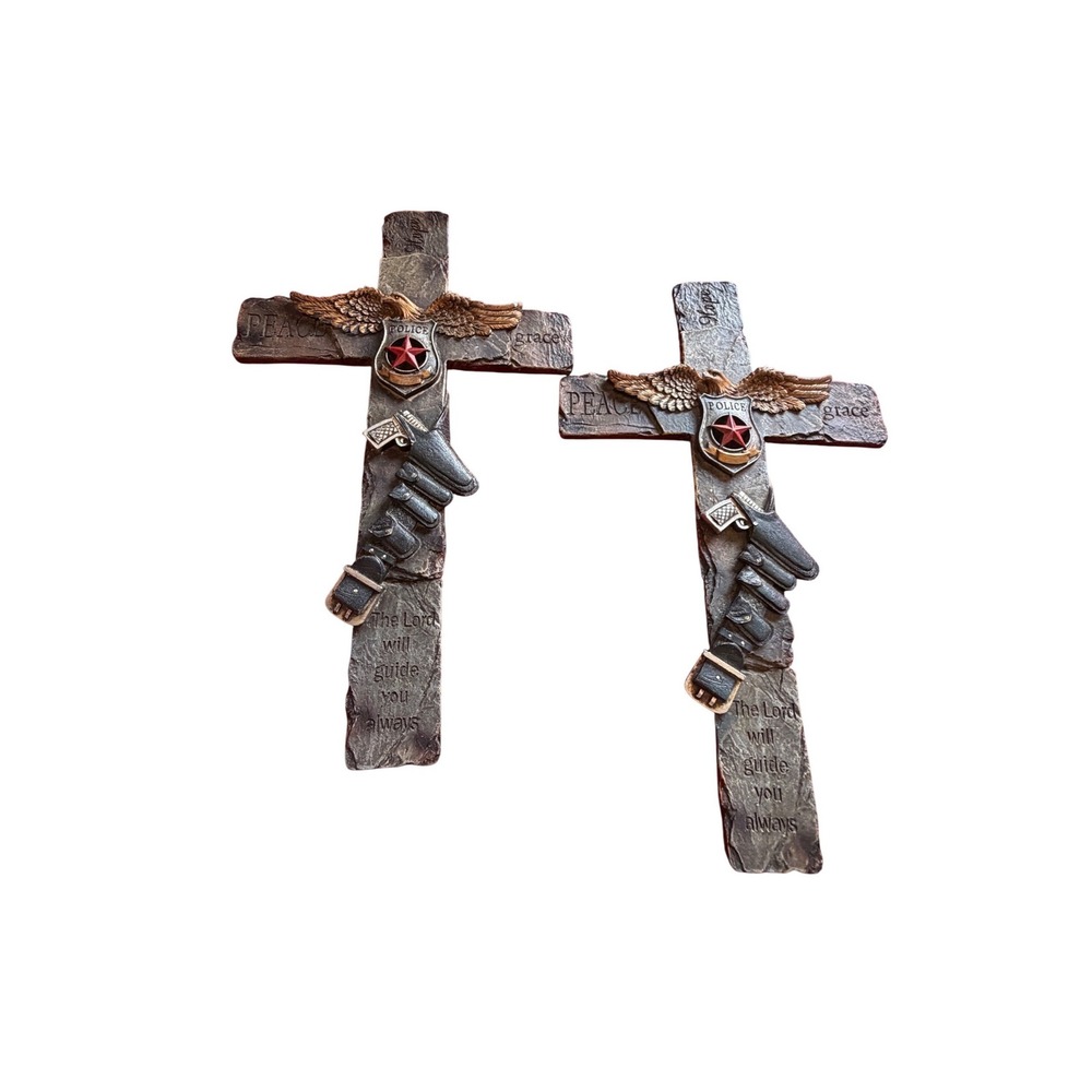 Police Officer Wall Cross Set of 2 Law Enforcement Religious Decor Stone Look